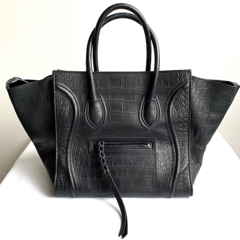 Celine Medium Phantom Luggage Tote, Black Croc Embossed Calfskin